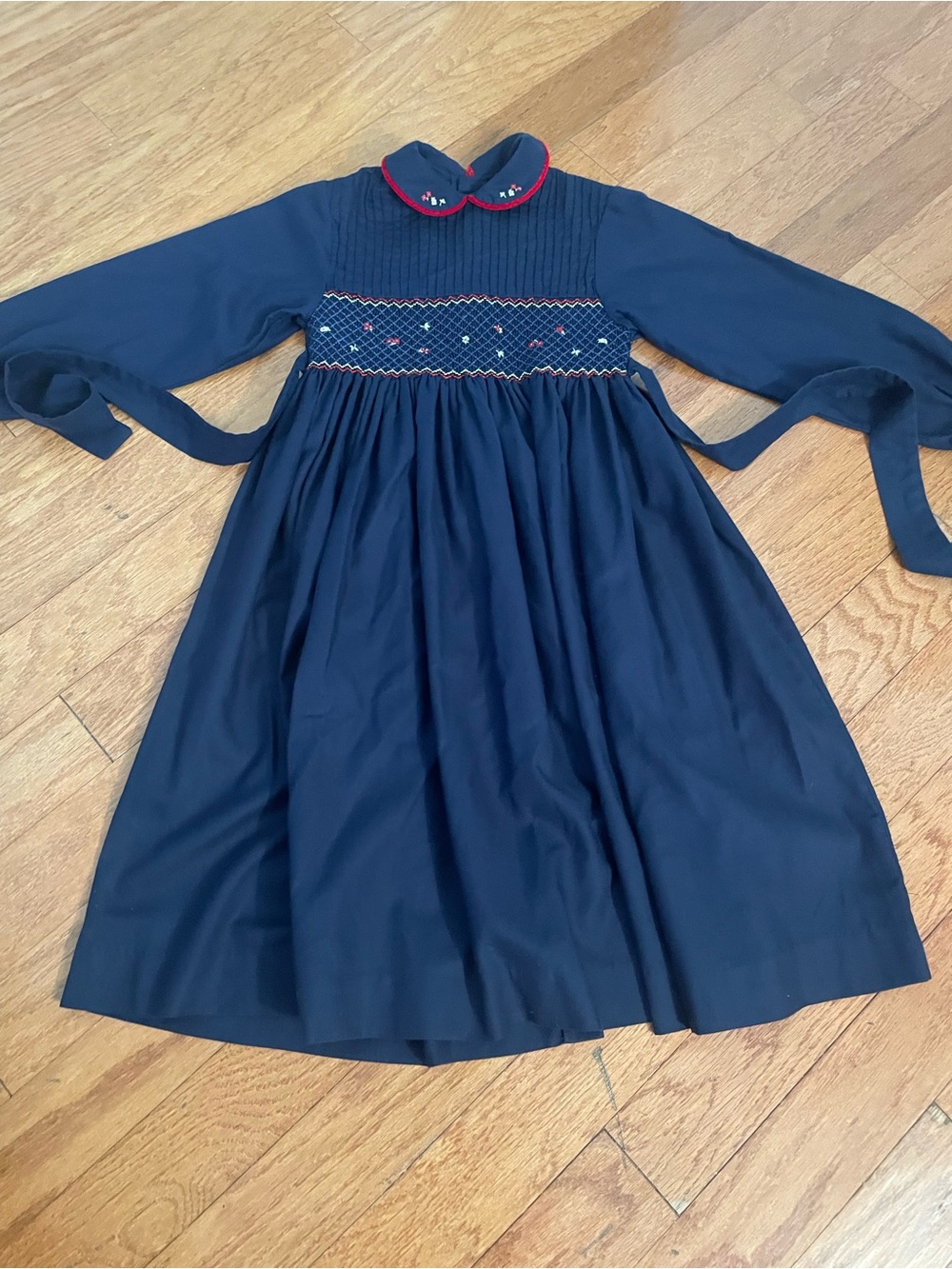 Jacadi Navy Smocked Dress with Red Trim